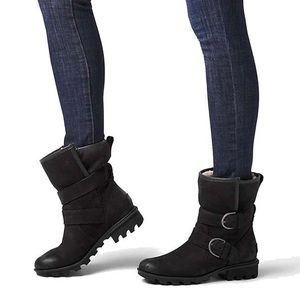 SOREL Womens’ Phoenix Moto Cozy Black Leather Shearling Waterproof Boot